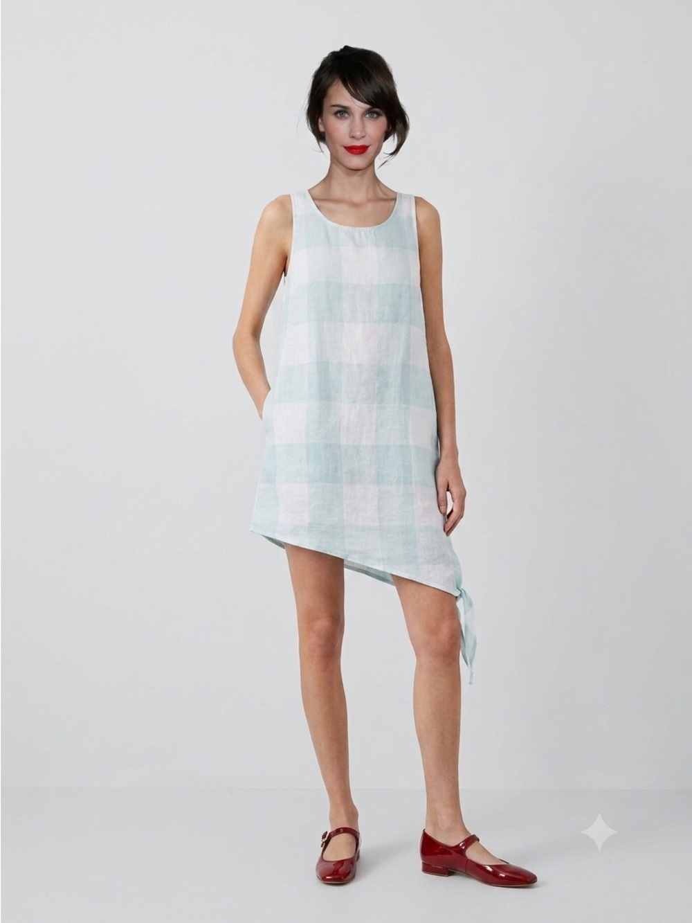 Chalet Gingham Sleeveless Linen Dress w/ Asymmetric Hem - Small